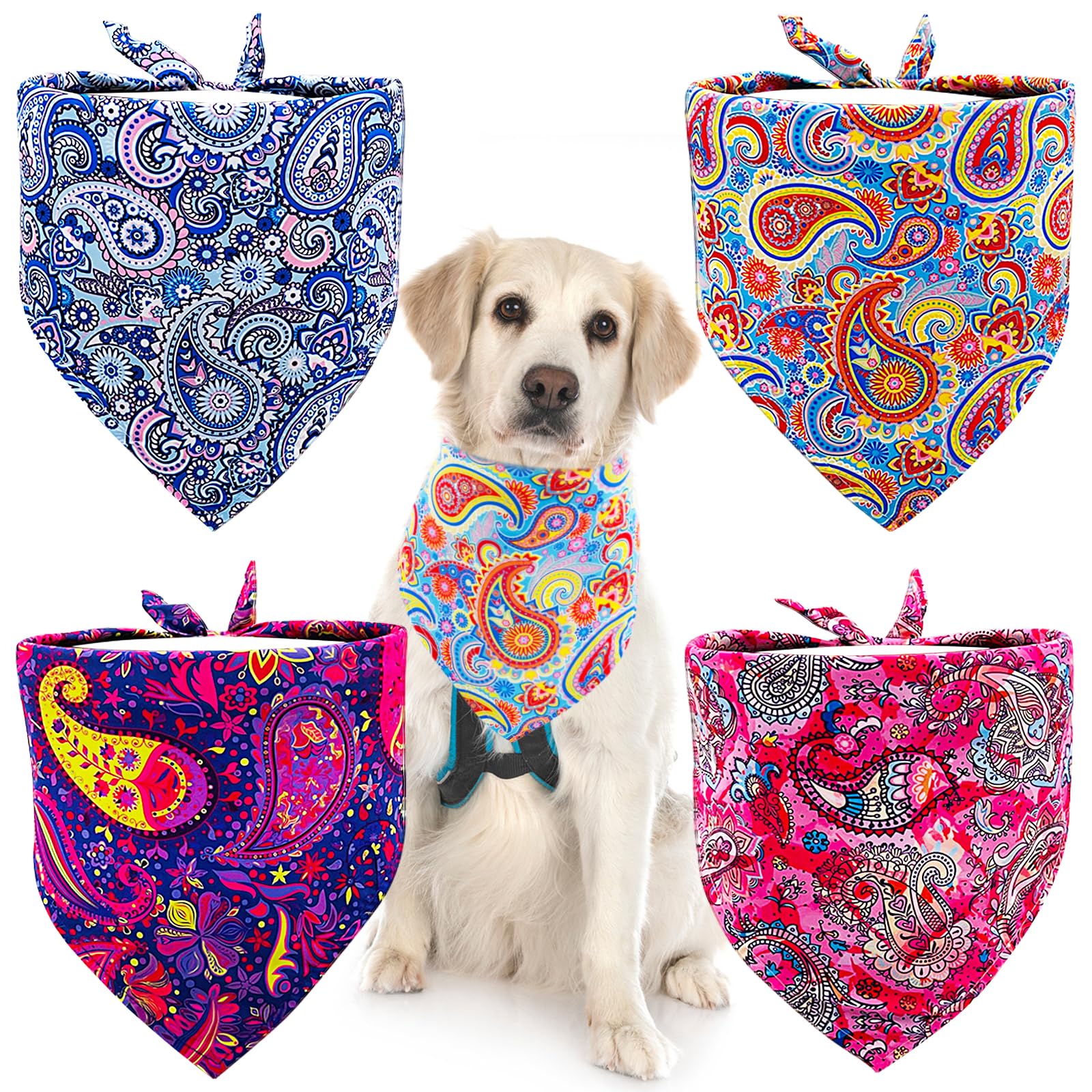 BIPY 4pcs Large Dog Bandanas Paisley Pattern Triangle Scarf for Large XL Dogs Cats Soft Bibs Washable Pet Neckerchief Dog Grooming Accessories Costume