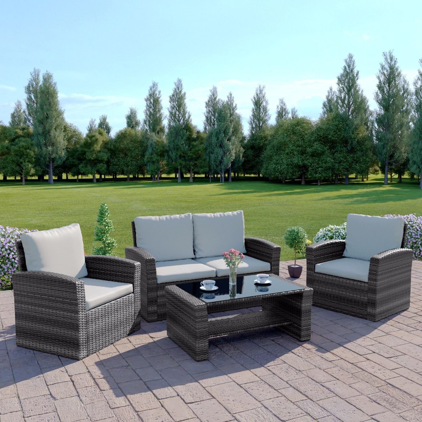 FURNITUREONE Rattan Outdoor Garden Patio/Conservatory 4 Seater Sofa and Armchair set with Cushions and Coffee Table Grey Brown Black (Grey)