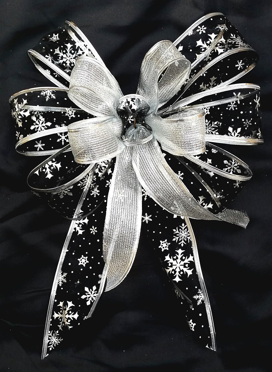 Silver & Black Large Tree Topper Christmas Bow Decoration Uk Made