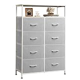 WLIVE Fabric Dresser for Bedroom with Open Shelves, Tall Dresser with 8 Drawers, Storage Tower with Fabric Bins, Chest of Drawers for Closet, Living Room, Hallway, Light Gray