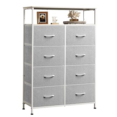 WLIVE Fabric Dresser for Bedroom with Open Shelves, Tall Dresser with 8 Drawers, Storage Tower with Fabric Bins, Chest of Drawers for Closet, Living Room, Hallway, Light Gray