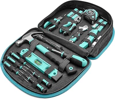 Jeu d'outils avec pochette ronde facile à transporter, 104 pièces (turquoise, 36,6 x 29 x 7,6 cm)