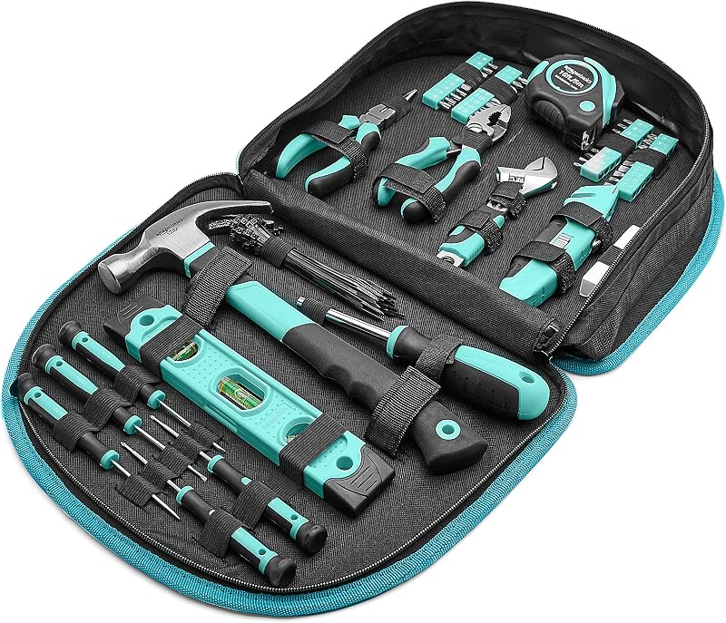 Jeu d'outils avec pochette ronde facile à transporter, 104 pièces (turquoise, 36,6 x 29 x 7,6 cm)