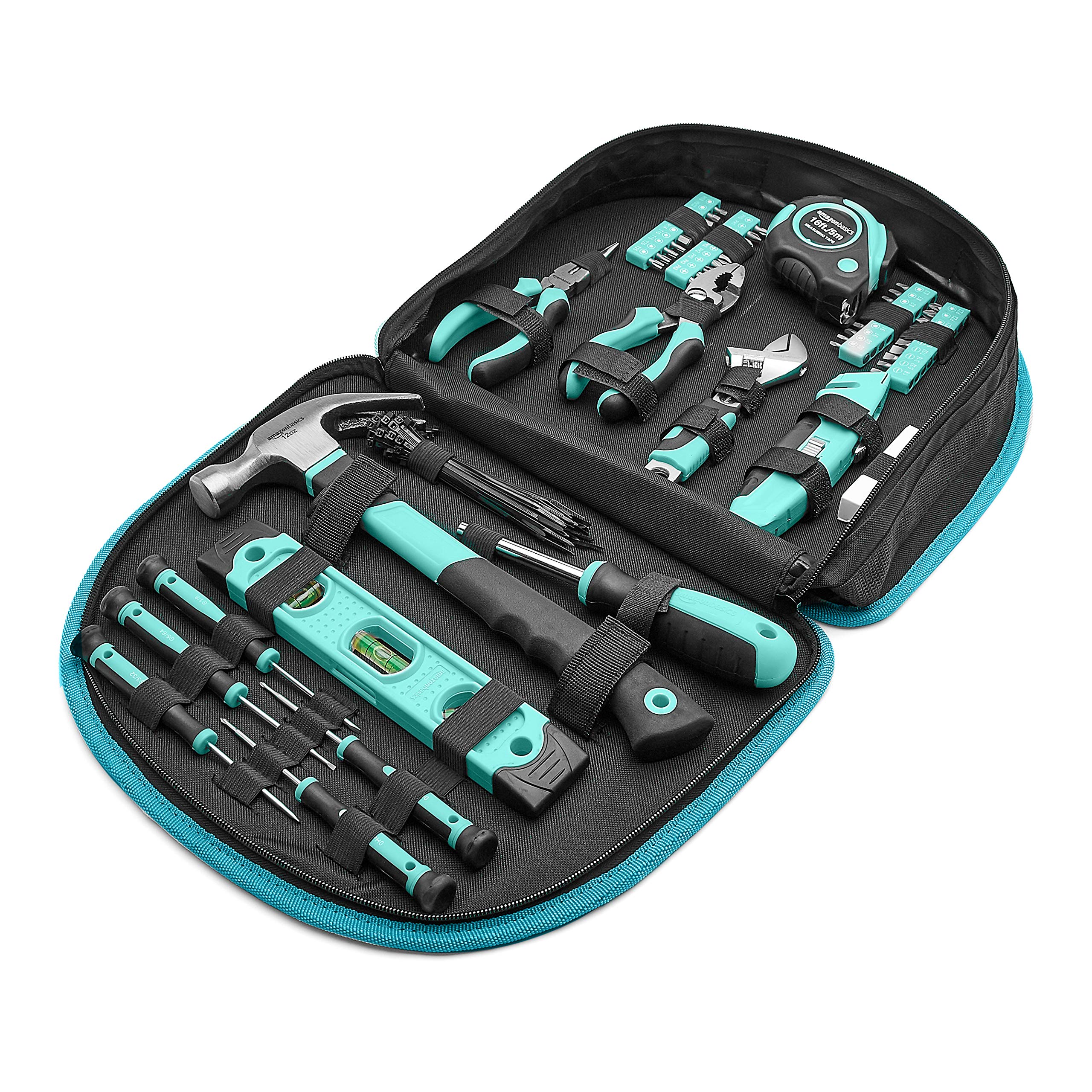 Photo 1 of Amazon Basics Tool Set With Easy Carrying Round Pouch, 104-Piece, Turquoise, 14.4 x 11.4 x 3 inches