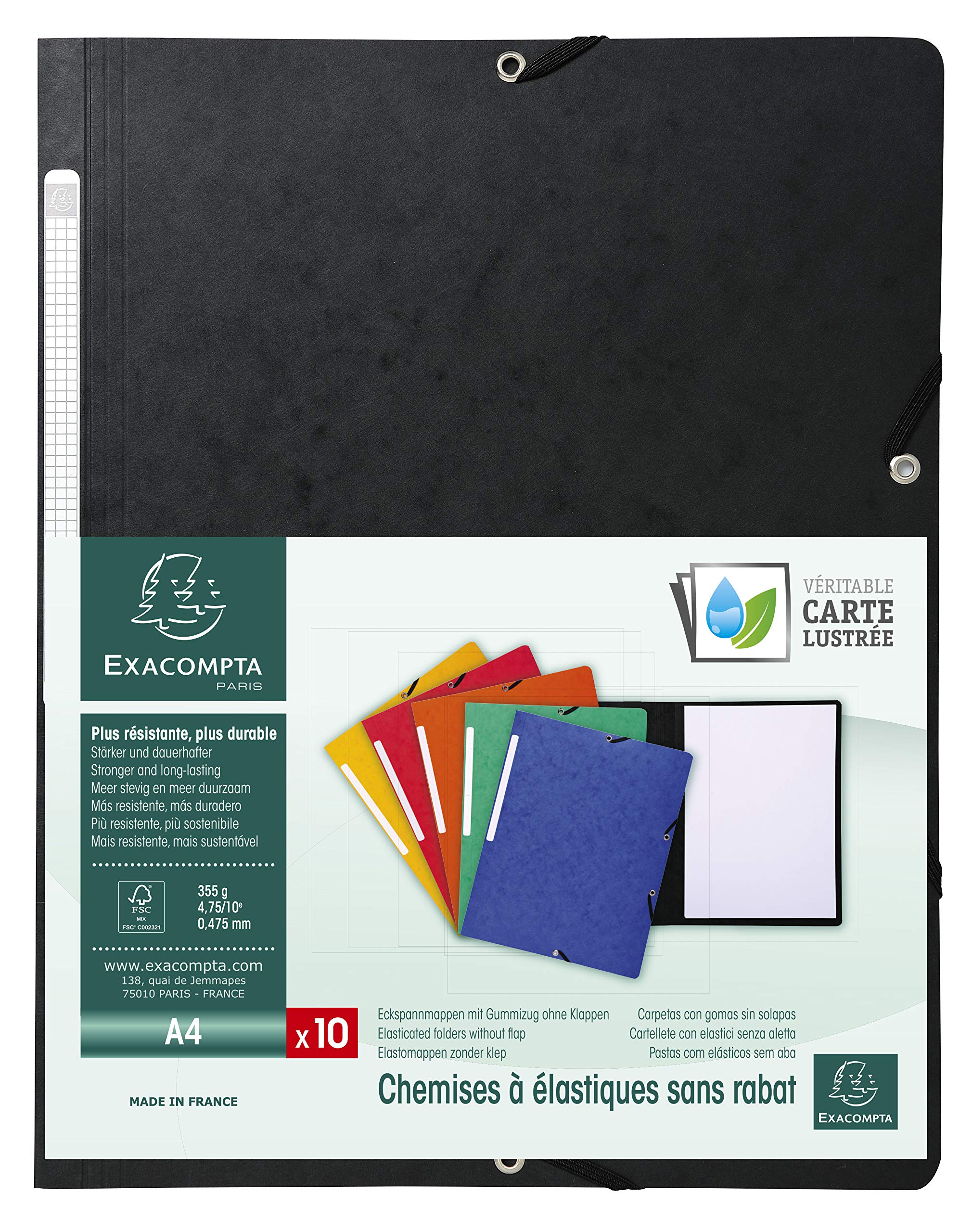 Exacompta - Ref 55411E - Elasticated Folders - Suitable for Storing A4 Documents, 355gsm Glossy Card, Spine Label, Expandable for Additional Documents - Black (Pack of 10)