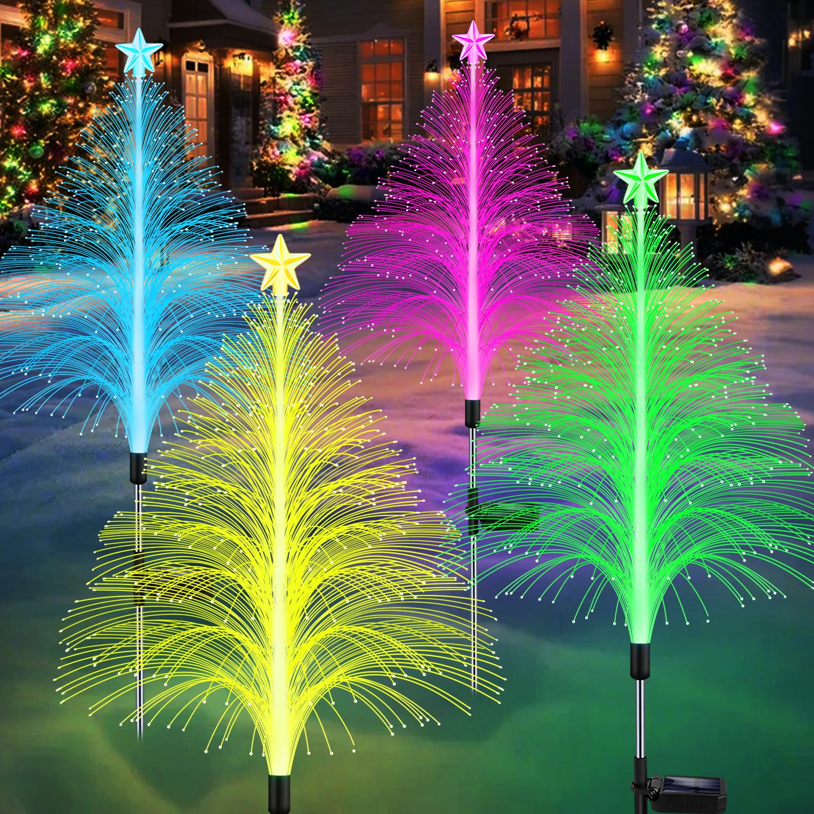 Photo 1 of MRHEPHAESTUS Solar Christmas Decorations, 4 Pack 38.5 Inch 7 Color Changing Jellyfish Lights with 5 Layer Optical Fiber Solar Flower Lights for Outdoor Xmas Yard Garden Pathway Decor