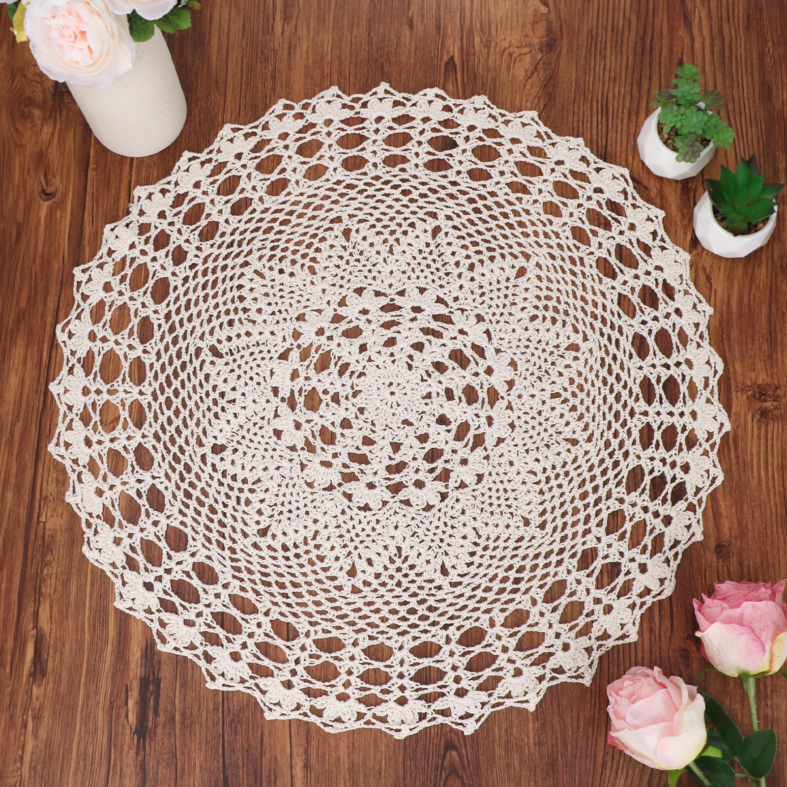 kilofly Handmade Crochet Cotton Lace Table Sofa Doily, Waterlily, Beige, 22 inch