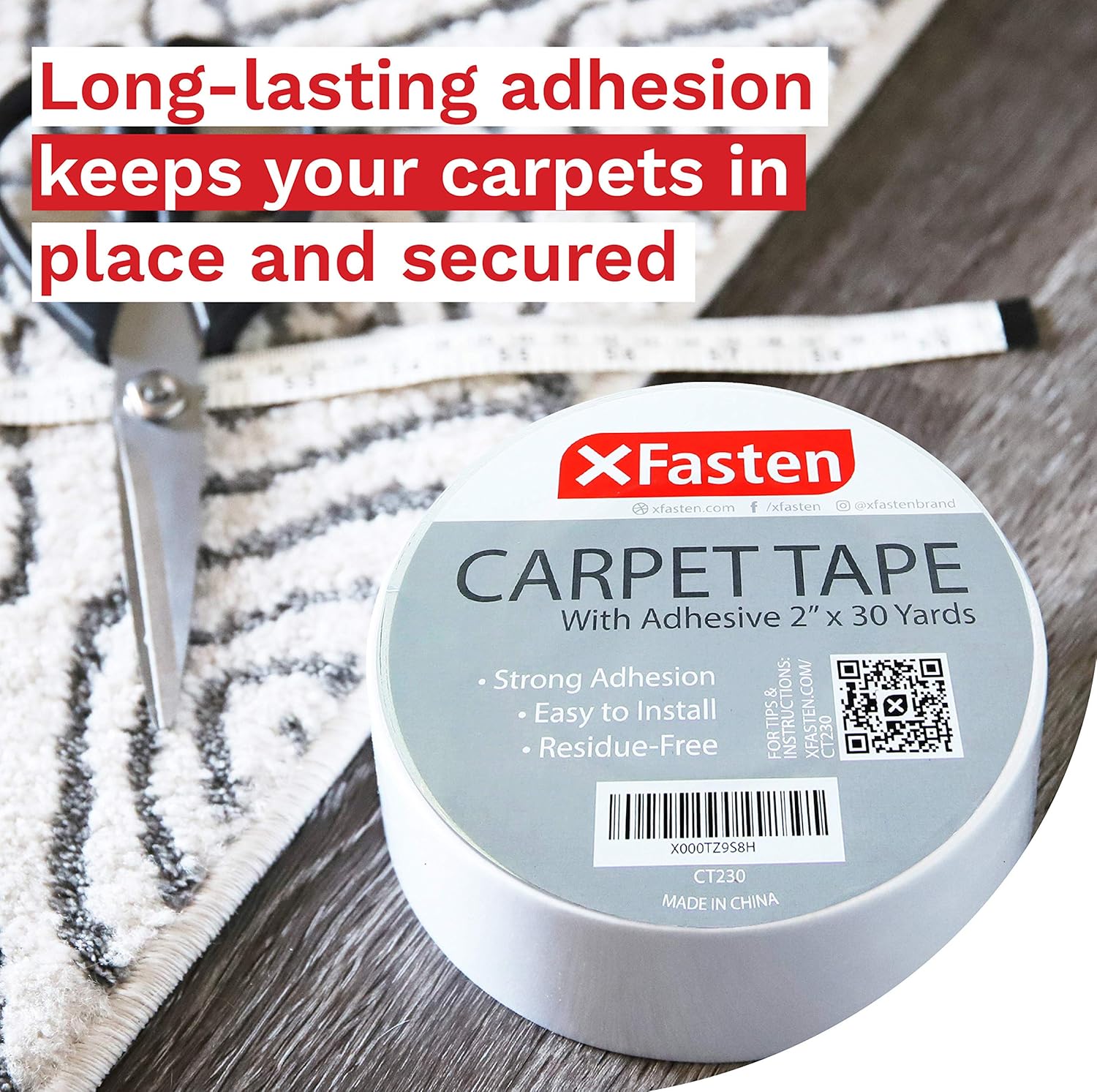 XFasten Double Sided Carpet Tape for Area Rugs, Residue-Free, 2-Inch x 30 Yards; Wood Safe 2 Faced Rug Tape for Carpet to Floor and Rug to Carpet Applications - - 