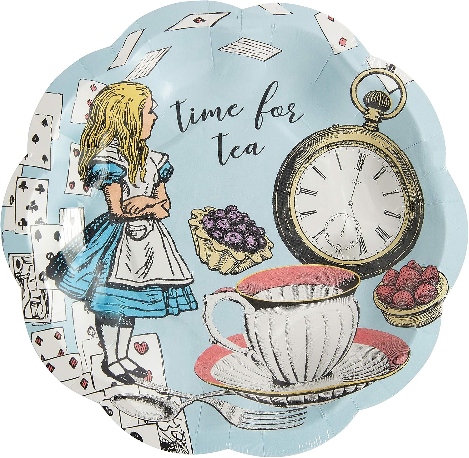 Talking Tables 12 x Blue Alice in Wonderland Small Plates Scalloped Edge Mad Hatter Tea Paper Plates Party Tableware Afternoon Tea Mother's Day Baby Shower Weddings 17cm