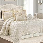 Loom and Mill 9-Piece Comforter Bed in a Bag, Elegant Damask Floral Comforter Set Queen Size, All Season Jacquard Bedding Sets with Bed Skirt, Euro Shams and Decorative Pillows(Beige Gold, Queen)