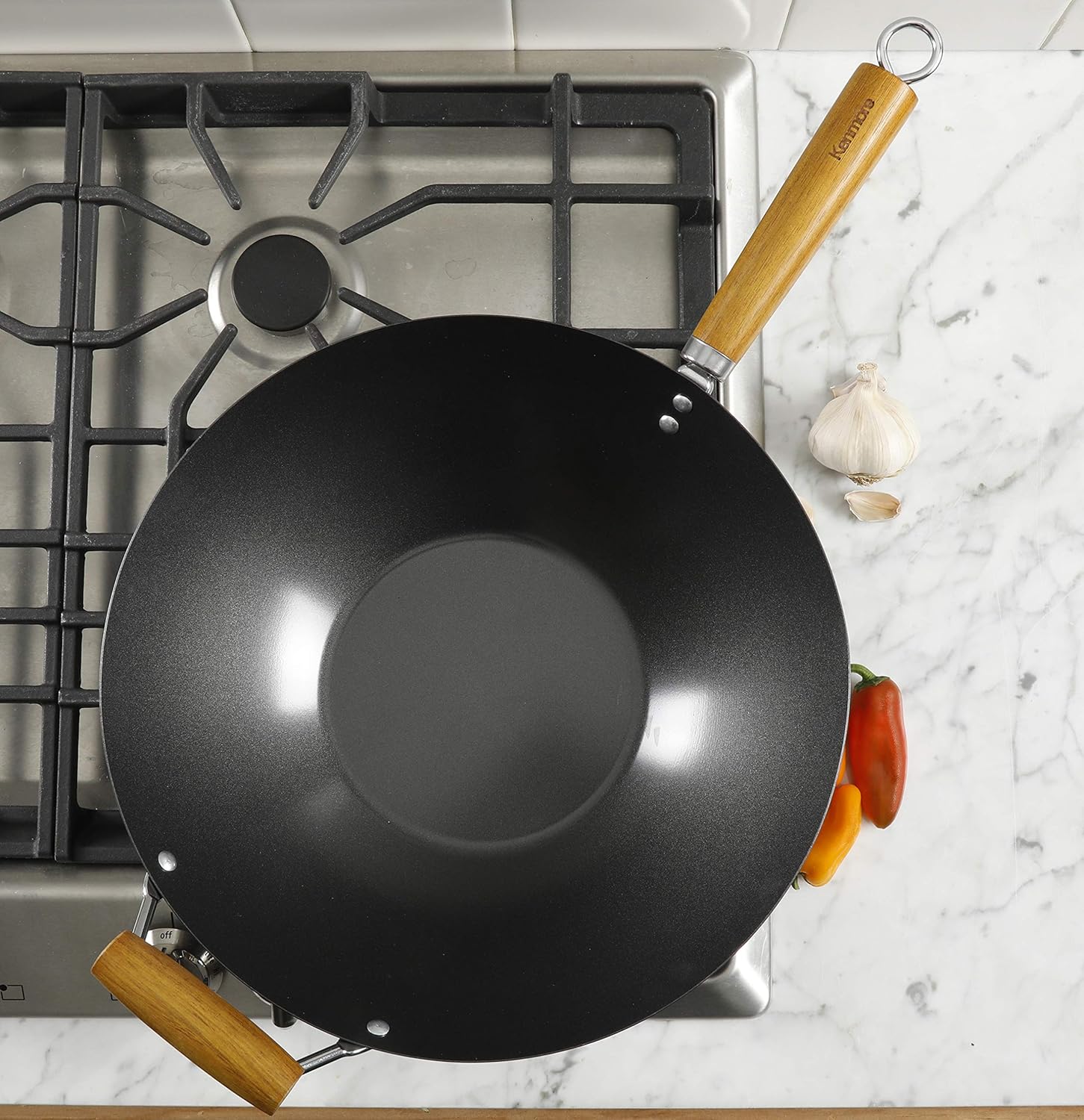 Kenmore Hammond Flat Bottom Carbon Steel Wok, 14-inch, Black: Kitchen & Dining