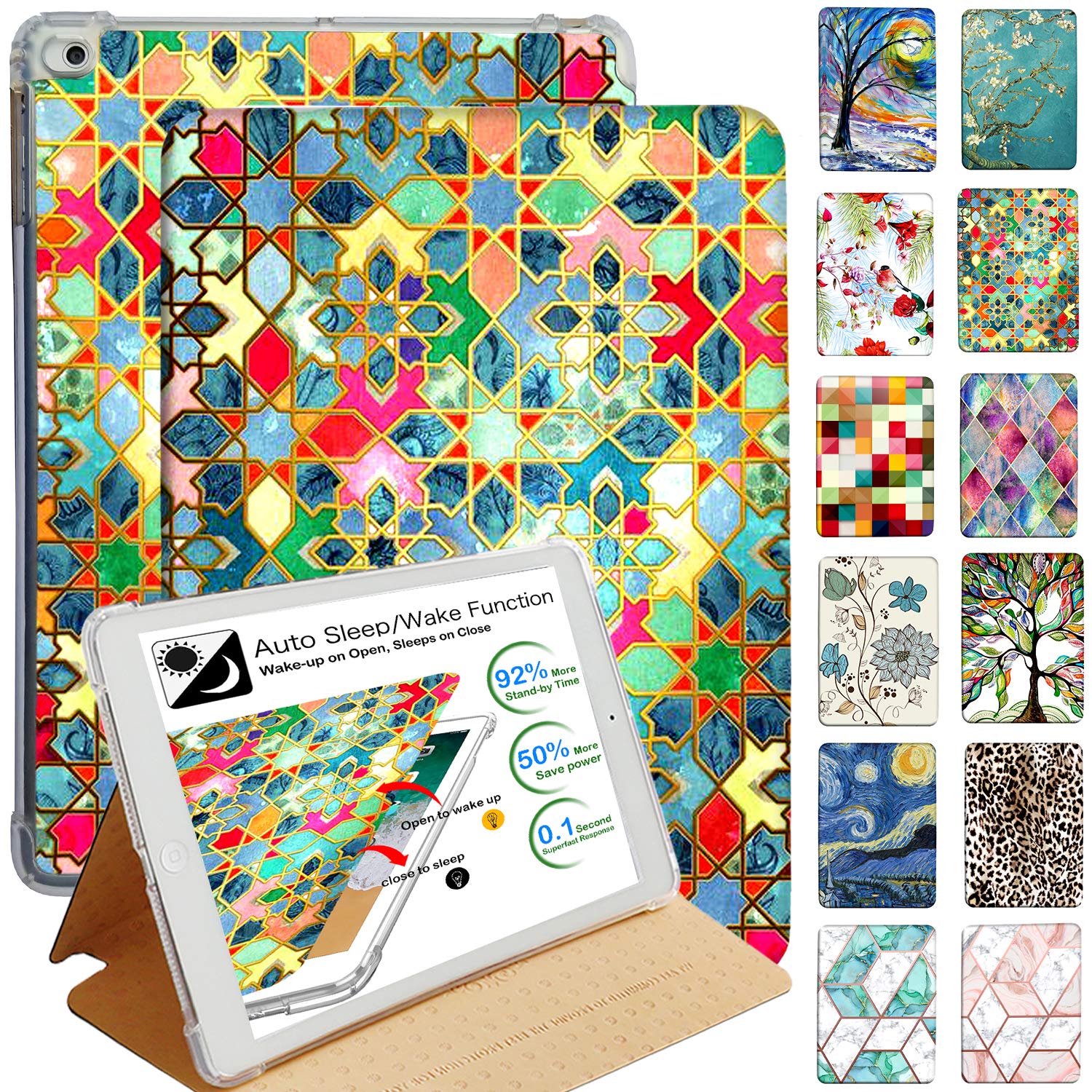 DuraSafe Cases for iPad 5/6 & Air 1/2-9.7" A1893 A1954 A1822 A1823 A1566 A1567 A1474 A1475 A1476 Printed Folio Silicone Smart Cover with Honeycomb Cooling Feature - Damask