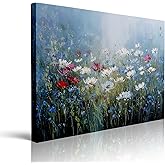 Wildflower Field Canvas Wall Art Framed Print Painting Red and White Blooms Impressionist Serene Wall Decor Artwork Poster Soft Blue Green Background for Living Room Bedroom Nursery Decor 12x16 Inches
