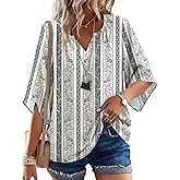 LOMON Women's 3/4 Length Sleeve Boho Tops V Neck Casual Vacation Clothes Loose Fit Tunic Shirts S-3XL