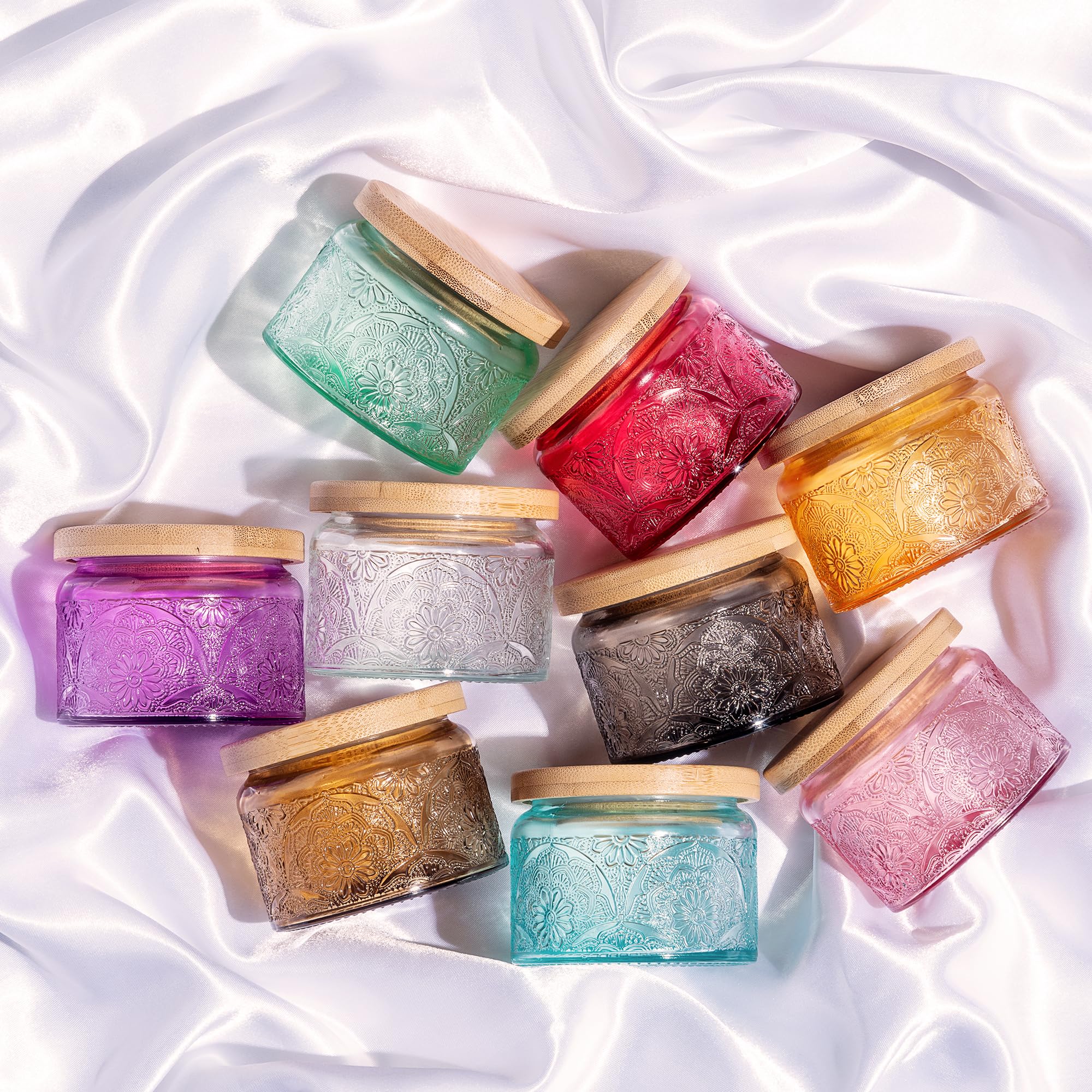 Photo 1 of 18-Pack 4oz Embossed Glass Candle Container with Bamboo Lids and Labels, Multicolor Candle Jars for Making Candles, Mandala Design