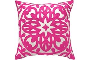 Alysheer Embroidered Decorative Throw Pillow Cover 18x18 inches, Classic Boho Mandala Knit Pattern, Farmhouse Cottage Cotton Canvas Cushion Case for Sofa Couch Bed Living Room Decor(Bright Hot Pink)