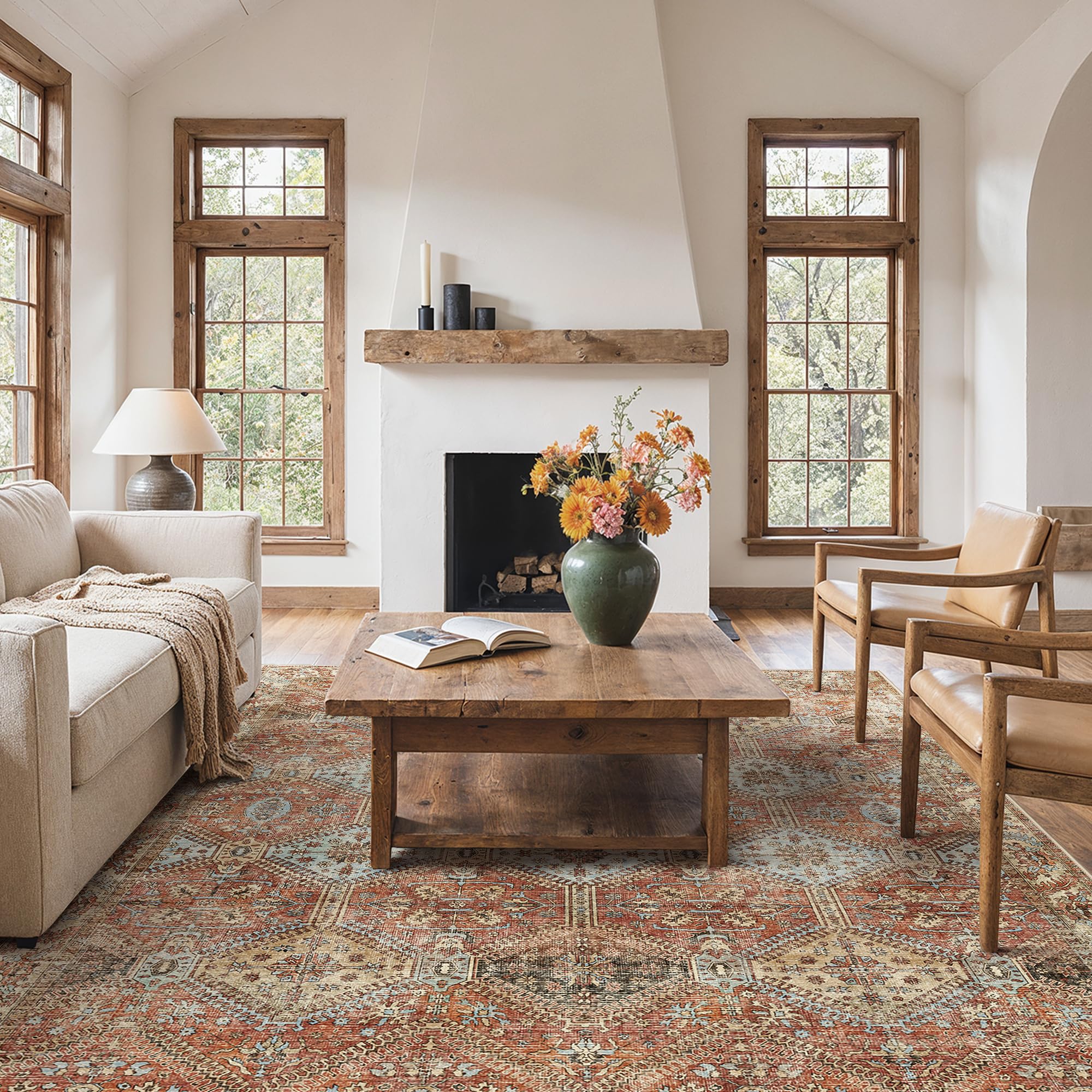 Bavni 8x10 Area Rugs for Living Room, Machine Washable Rug Non Slip, Vintage Chenille Distressed Print Carpet, Large Low Pile Ultra-Thin Lightweight Rugs for Bedroom, Dining Room, Office, Spice Sky Image