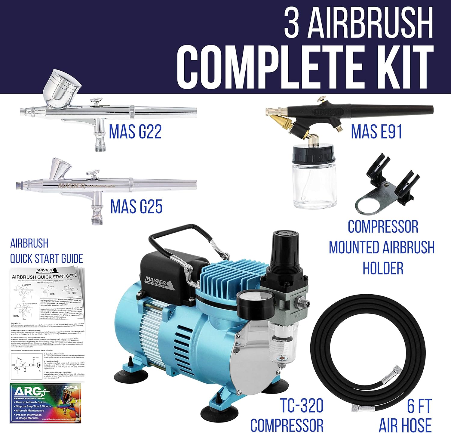 Master Airbrush Cool Runner II Dual Fan Air Compressor Airbrushing System Kit with 3 Professional Airbrush Sets, 0.2, 0.3 mm Gravity & 0.8 mm Siphon Feed - Hose, Holder, How To Airbrush Learning Guide: Arts, Crafts & Sewing