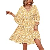 R.Vivimos Women's Summer V Neck Casual Dresses Lantern Sleeve Boho Floral Print Loose Flowy Mini Dress