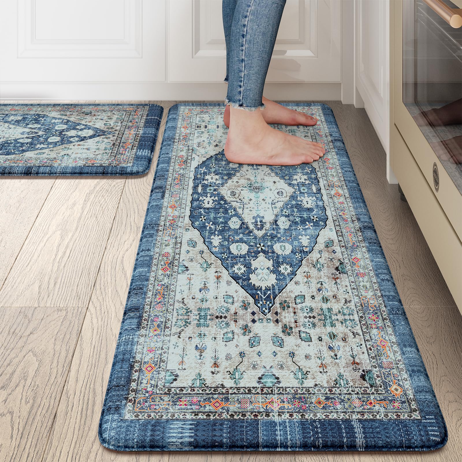 Photo 1 of Collive Boho Kitchen Rugs Set of 2 Non Skid Kitchen Mats for Floor Cushioned Anti Fatigue Kitchen Floor Mats Waterproof Comfort Heavy Duty Foam Mats for Standing Desk Sink Laundry, 17"x30"+17"x47"