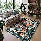 Zealude Boho Egypt Green Area Rugs for Living Room Bedroom, 5x7 Washable Large Dining Room Rug Non Slip, Floral Vintage Farmhouse Throw Carpet for Office Hardwood Floor Playroom (Dark Green,5 x 7)