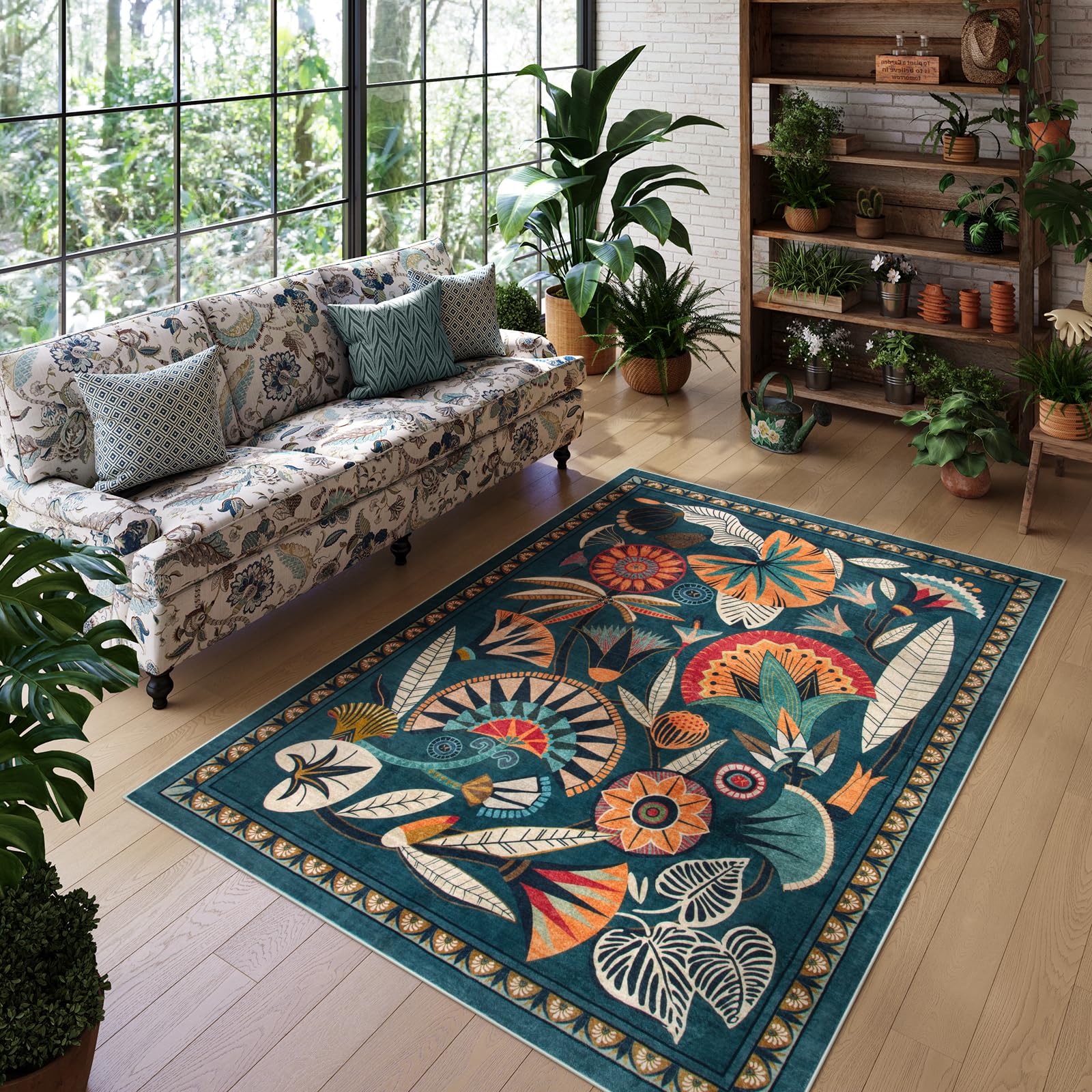 Photo 1 of Zealude Boho Egypt Green Area Rugs for Living Room Bedroom, 5x7 Washable Large Dining Room Rug Non Slip, Floral Vintage Farmhouse Throw Carpet for Office Hardwood Floor Playroom (Dark Green,5 x 7)