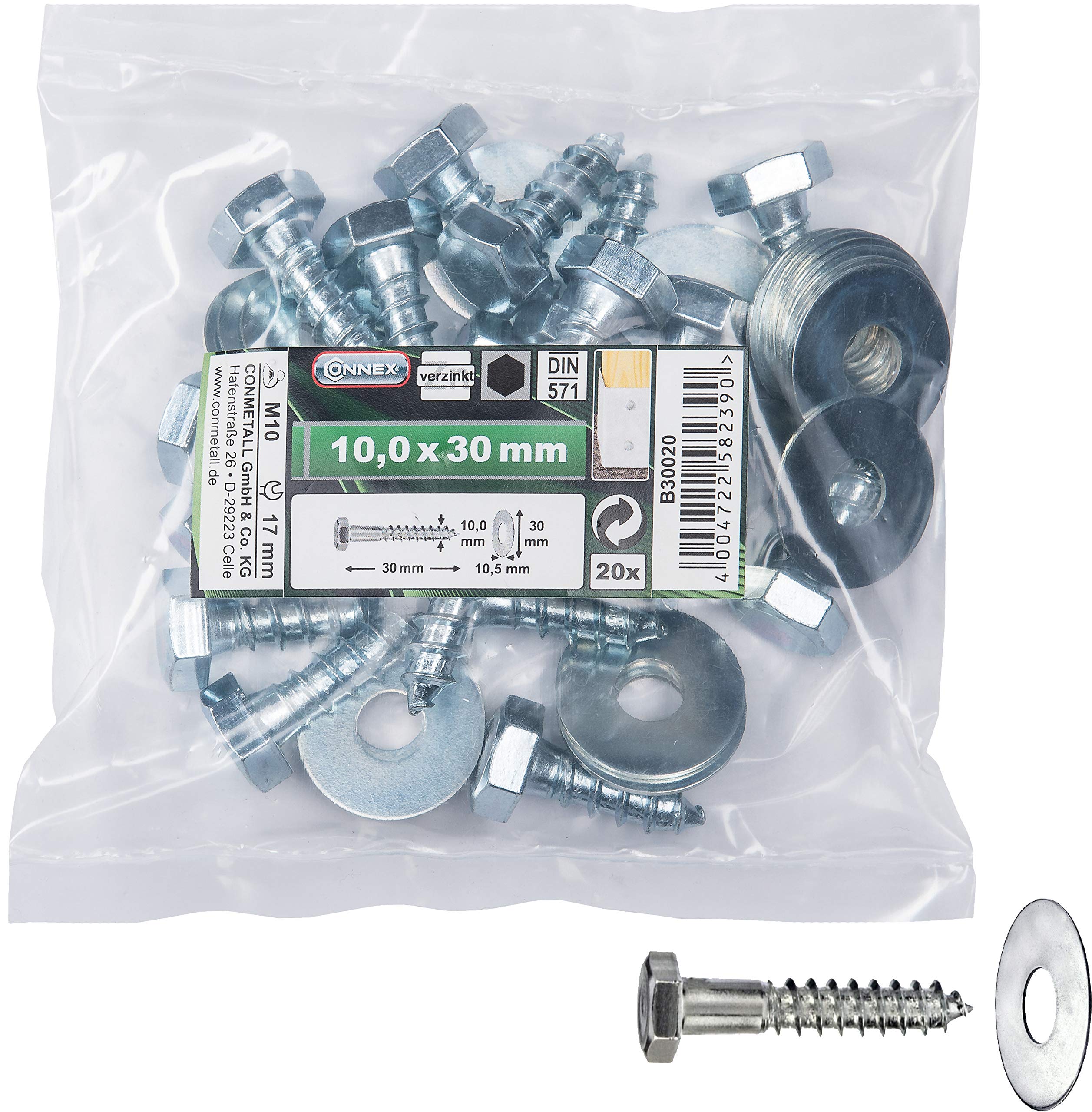 Connex Hexagonal Wood Screws 10.0 x 30 mm - Pack of 20 - External Hexagonal Drive - Galvanised - For All Wood Connections - Includes Washers/Key Screws/Screw Set / B30020