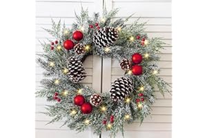 TOKCARE Christmas Wreath with Lights 24 Inch PreLit Christmas Wreaths for Front Door with Large Pinecones and Snowy Flocked, Battery Operated 40 LED Lights, Holiday Decoration for Fireplace Xmas Decor
