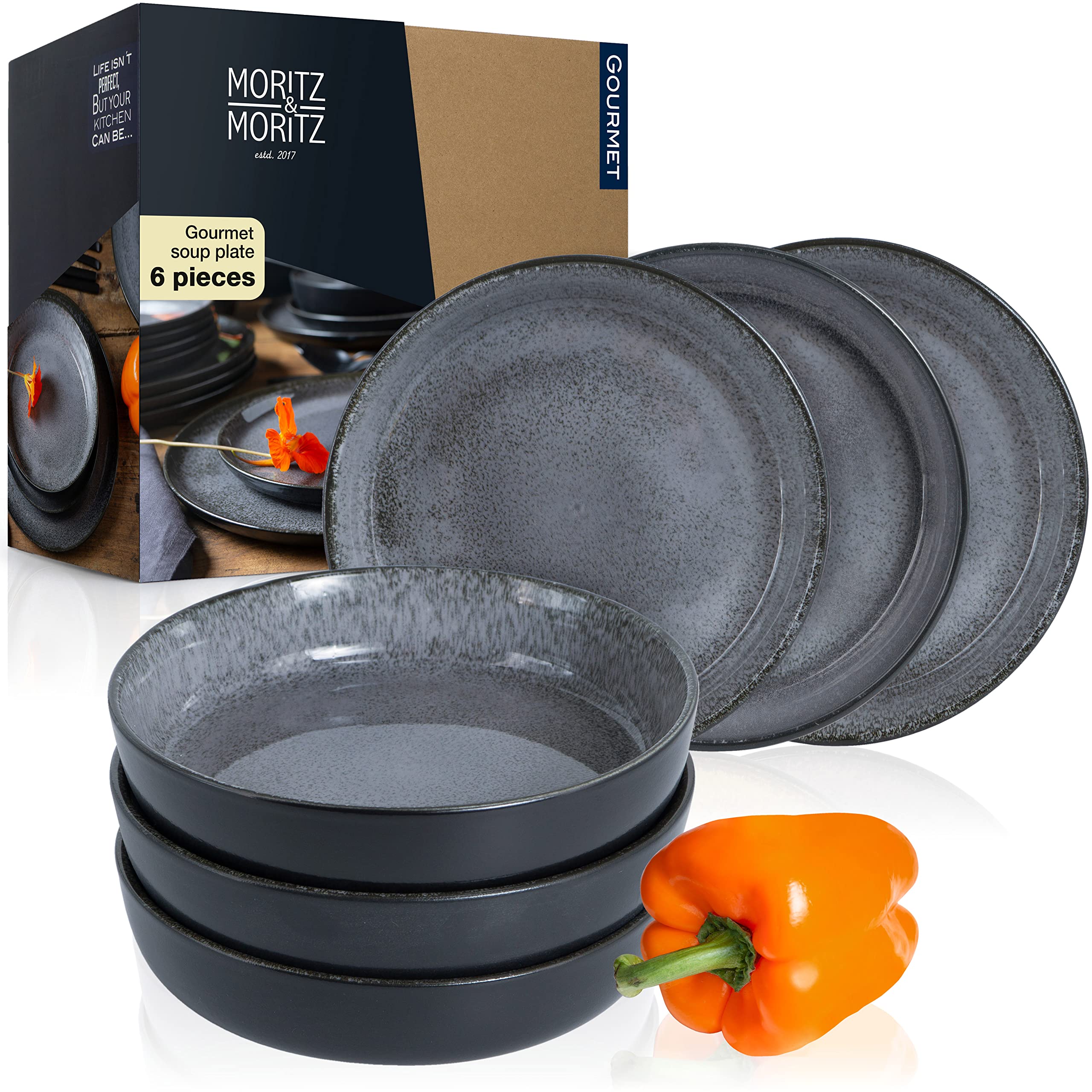 Moritz & Moritz VIDA Soup Plate Set of 6 Anthracite - 700ml | 24oz Bowls for 6 - Porcelain Soup Bowls - Microwave & Dishwasher Safe, Stylish & Durable, Ideal for Soups, Noodles & More