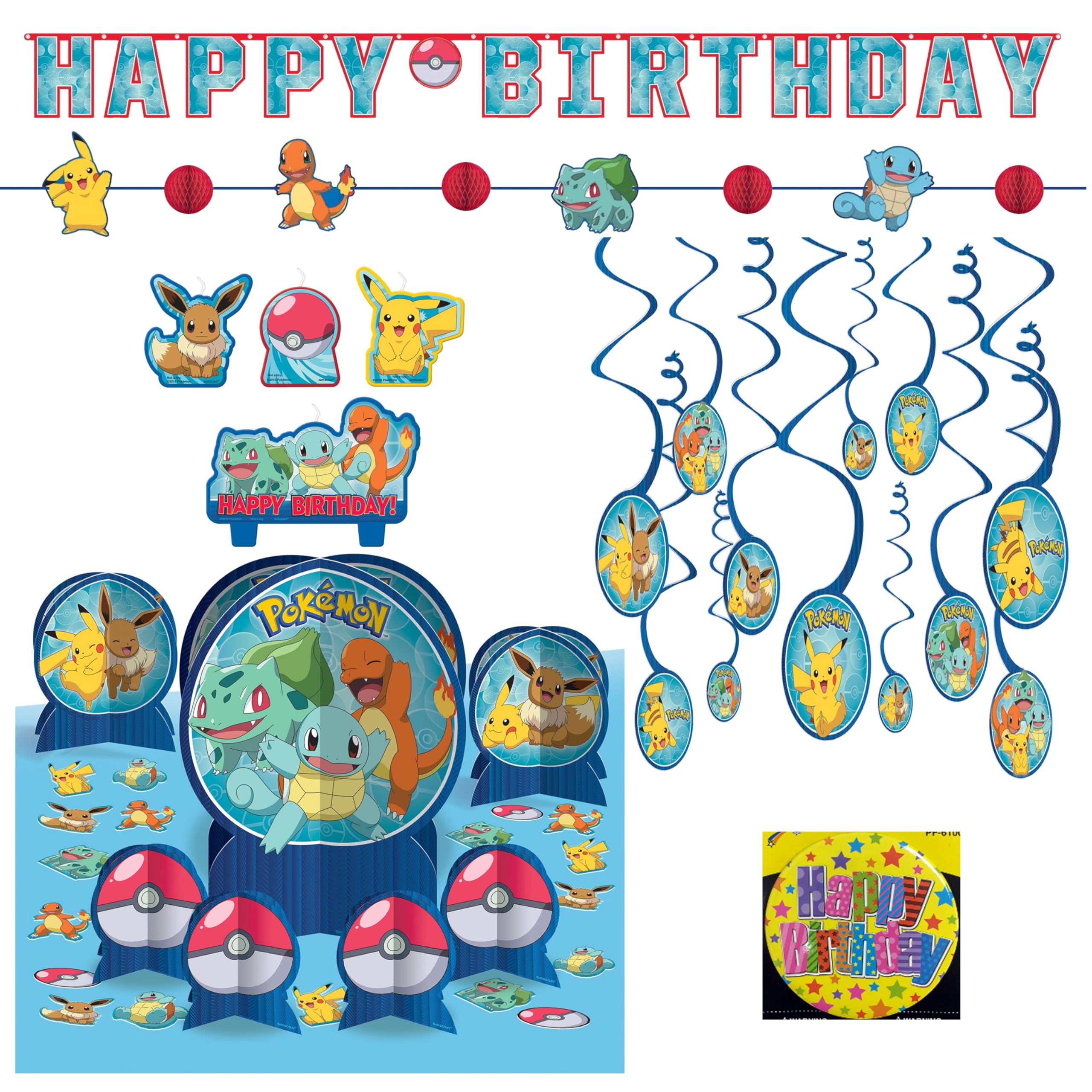 Photo 1 of Pokémon Birthday Party Supplies and Decorations Pack: Pokémon Party Supplies and Decorations; Banner, Swirls, Centerpiece, Birthday Candle Set, and more.