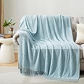 HommxJF Light Blue Knitted Decorative Ball Throw Blankets for Couch, Bedroom and Officeroom,Textured Fade Resistant Soft and Warm Knit Blanket with Tassel,50"x60"
