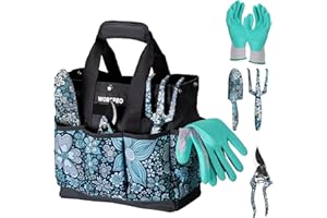 WORKPRO 5PCS Garden Tool Set, Aluminum Heavy Duty Gardening Tool Set with Garden Tool Bag, Outdoor Garden Hand Tools, Floral Blue