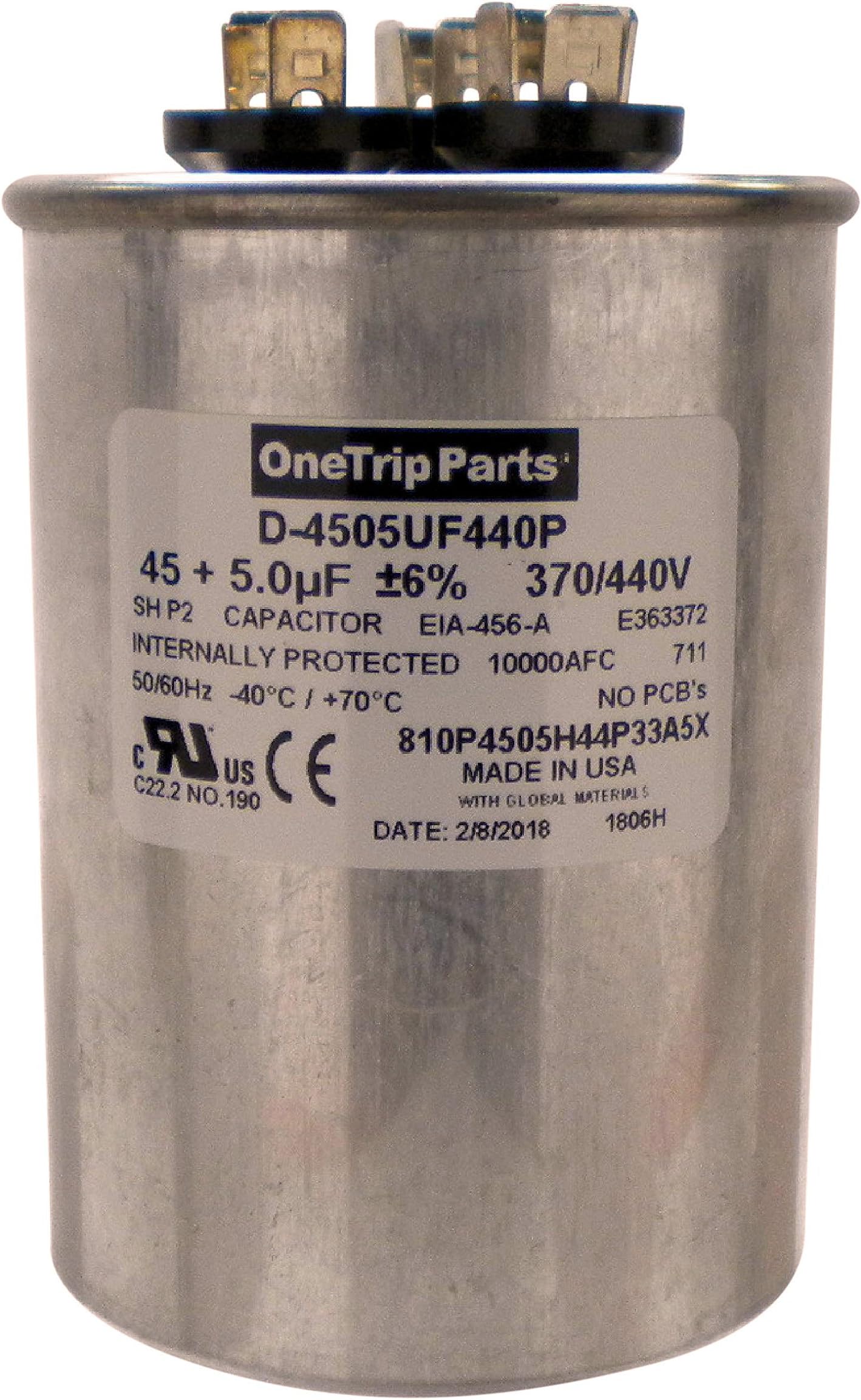 OneTrip Parts USA Run Capacitor 45+5 UF 45/5 MFD 370 VAC / 440 VAC 2-1/2 Inch Round Heavy Duty