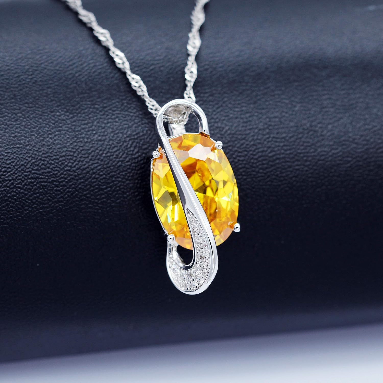 Uloveido Female Rhodium Plated Brass Yellow Oval Zircon Link Chain Necklace Rings and Charm Earrings Engagement Wedding Party Jewelry Set (Silver - Image 5