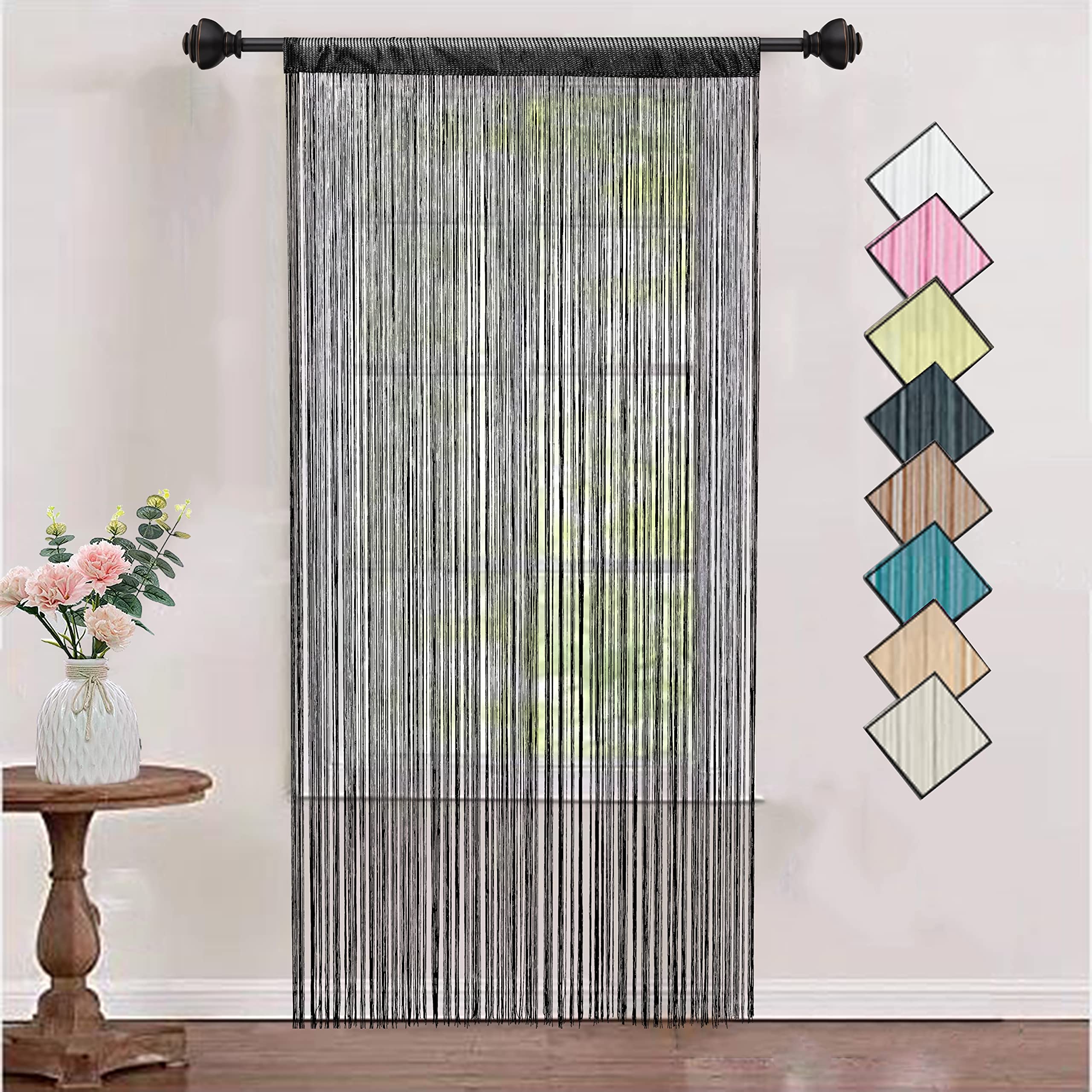 HSYLYM String Curtains Dense Decorative Use Single Door Curtain for Windows,Black,90 x 200 cm