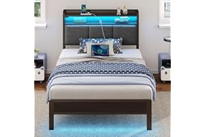 Rolanstar Bed Frame Twin Size with Charging Station and LED Lights, Upholstered Headboard with Storage Shelves, Heavy Duty Metal Slats, No Box Spring Need, Noise Free, Easy Assembly, Dark Grey