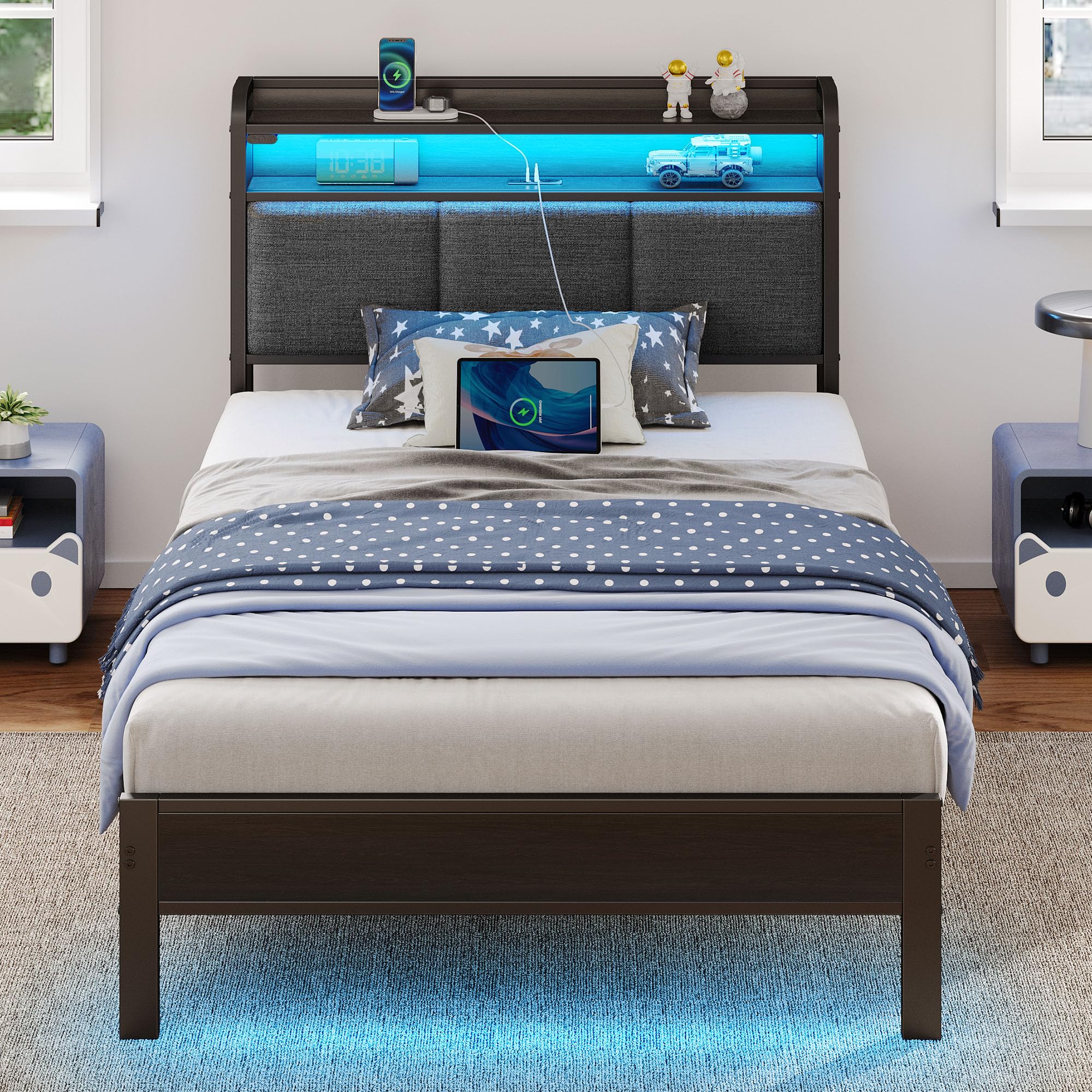 Rolanstar Bed Frame Twin Size with Charging Station and LED Lights, Upholstered Headboard with Storage Shelves, Heavy Duty Metal Slats, No Box Spring Need, Noise Free, Easy Assembly, Dark Grey Image Rolanstar Bed Frame Twin Size with Charging Station and LED Lights, Upholstered Headboard with Storage Shelves, Heavy Duty Metal Slats, No Box Spring Need, Noise Free, Easy Assembly, Dark Grey Image