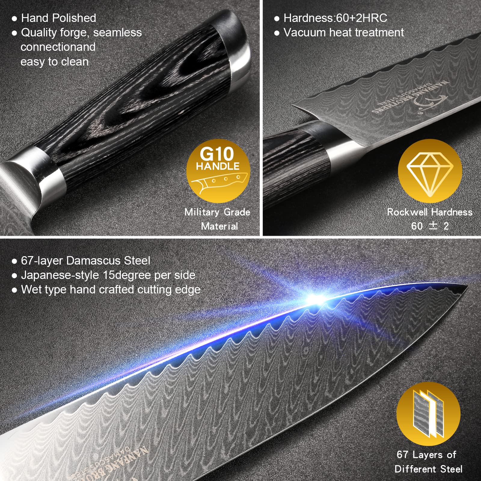 NANFANG BROTHERS Damast-Küchenmesser-Set 7-teilig, VG10 Japanisches Profi-Küchenmesser-Set Damast mit Buchen-Messerblock, Scheren, inklusive stilvoller Geschenkbox 6