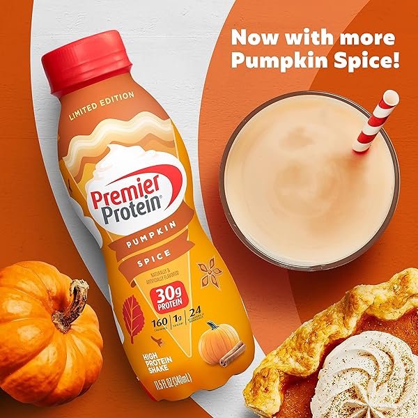 PREMIER PROTEIN SHAKE LIMITED EDITION 30G 1G SUGAR 24 VITAMINS MINERALS NUTRIENTS, PUMPKIN SPICE, 11.5 FL OZ (PACK OF 12) ARTWORK CASE – PACKAGING MAY VARY