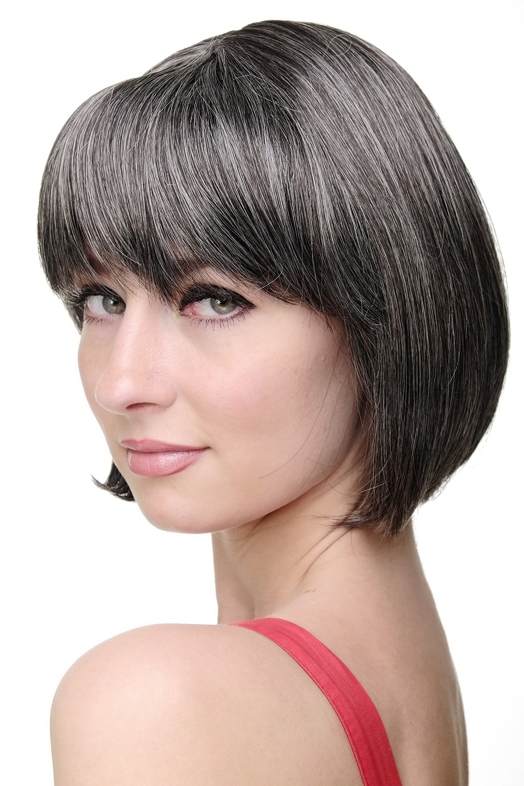 WIG ME UP - Lady Quality Wig Short Page Bob Fringe Bangs Dark Brown and Grey Streaks Dark Grey 703-44 โ image 1
