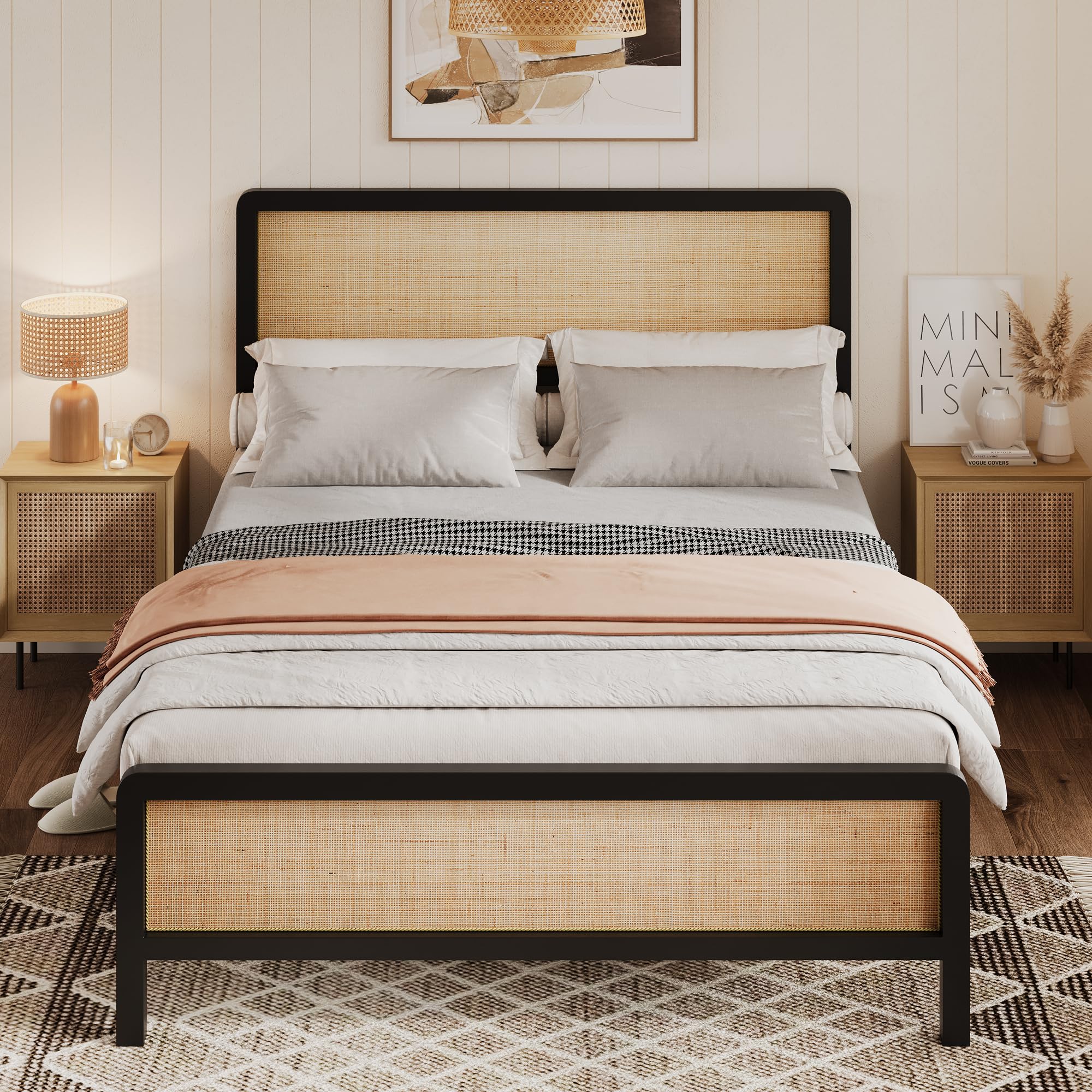 Photo 1 of Garvee Boho Rattan Queen Size Bed Frame with Headboard & Footboard, Sturdy Black Metal Platform Bed, Natural Rattan Headboard, Under-Bed Storage, No Box Spring Needed, Noise-Free Slat