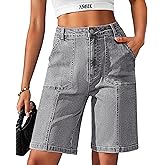 Eddoyee Bermuda Shorts for Women Jean Shorts High Waisted Jorts Baggy Stretchy Denim Long Knee Length Casual Summer