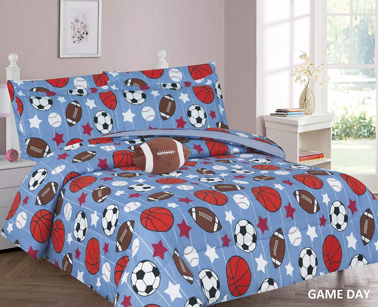 6 Piece Twin Size Kids Boys Comforter Set Bed in Bag w/Sham, Sheet Set & Decorative Toy Pillow, Stars Sports Soccer Baseball Football Blue Comforter Bedding Set w/Sheets, T 6pc Gameday