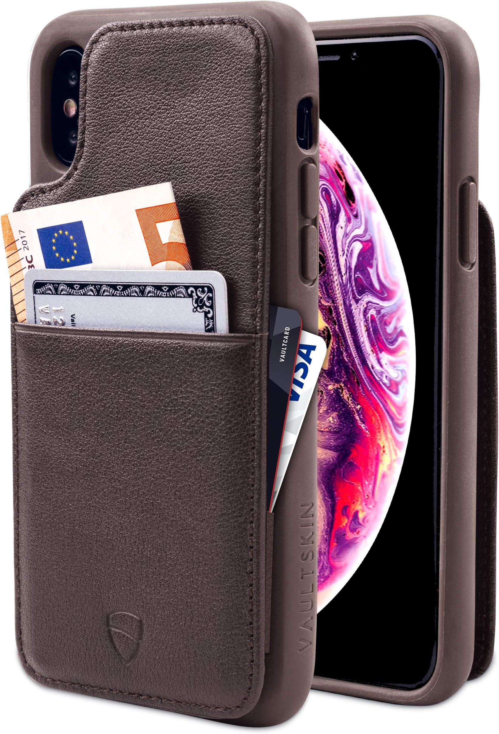 Vaultskin Eton Armour iPhone Leather Wallet Case. Slim Card Holder (Brown, iPhone X/XS)