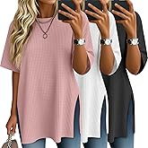 Baggyfly 3 Pack Women's Oversize Short Sleeve Tops Waffle Knit Crewneck T-Shirts Summer Casual Side Split Tees(Black, White, Gray Pink,X-Large)