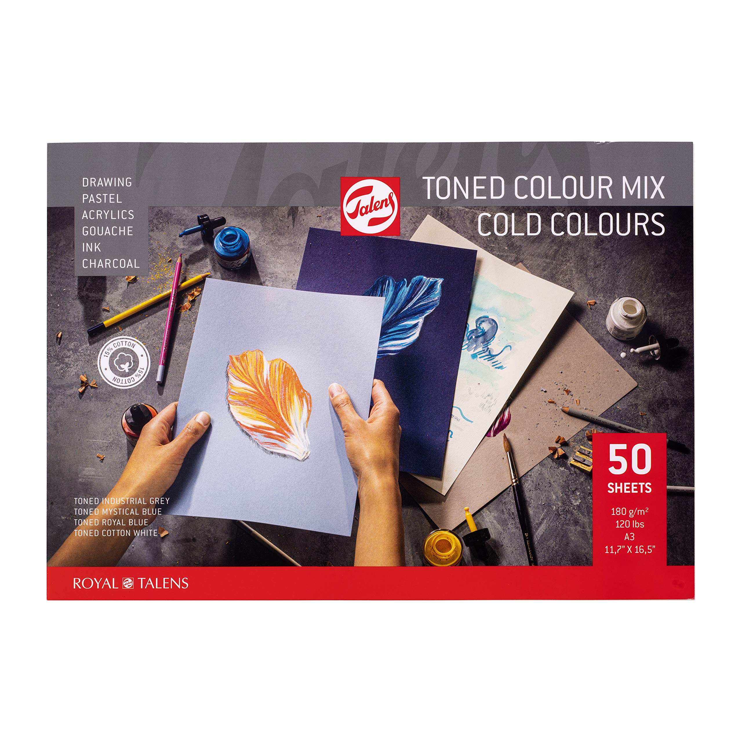 Talens Paper - Toned Paper Pad Cold Colour Mix A3 42x29.7cm - 180g 50 Sheets - High Quality 15% Cotton 20% Recycled - for Pencils Pastels Gouache Inks Acrylics Charcoal