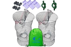 DAMIDEL 2Pcs 24in x 13in Folded Fishing Bait Trap, Half Opening Degin,0.16in Skeleton/15strands Nylon Traps Strong Foldable Nets for Fish/Crab/Shrimp/Crawdad, Bait Bag/Box/Rope/Storage Bag