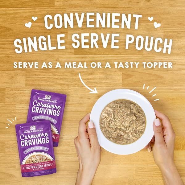 STELLA & CHEWY’S CARNIVORE CRAVINGS WET CAT FOOD – PREMIUM POUCHES – GRAIN FREE, HIGH PROTEIN CHICKEN & TUNA – PERFECT FOR PICKY EATERS – COMPLETE MEAL OR TOPPER (2.8 OZ, 12 PACK)