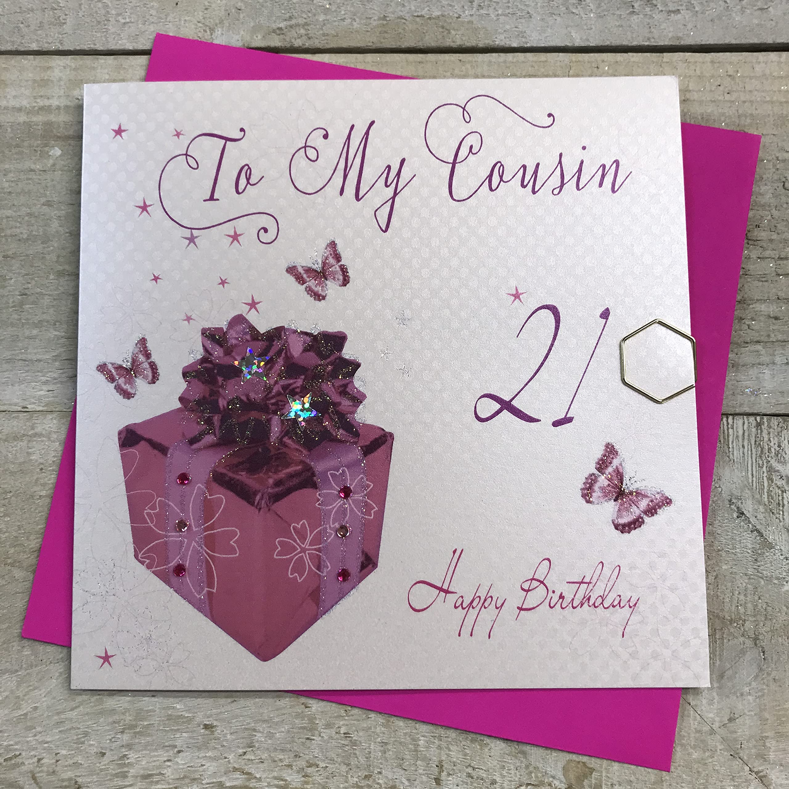 white cotton cards "Pink Present, To My Cousin 21 Happy Birthday Handmade 21st Birthday Card, White, wb160-21