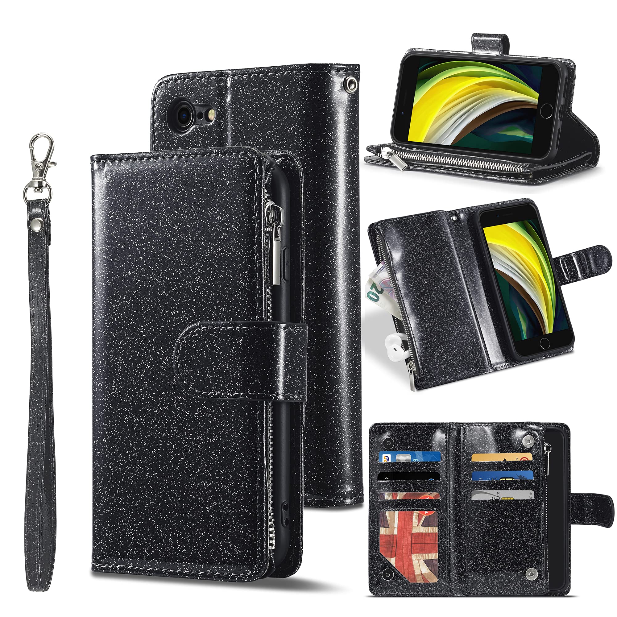 UEEBAI Wallet Case for iPhone 7/8/SE 2022 5G/SE 2020, Premium PU Leather Magnetic Handbag Zipper Kickstand Card Slots Wrist Strap Flip Cover for iPhone SE3/SE2 - Glitter Black — image 1